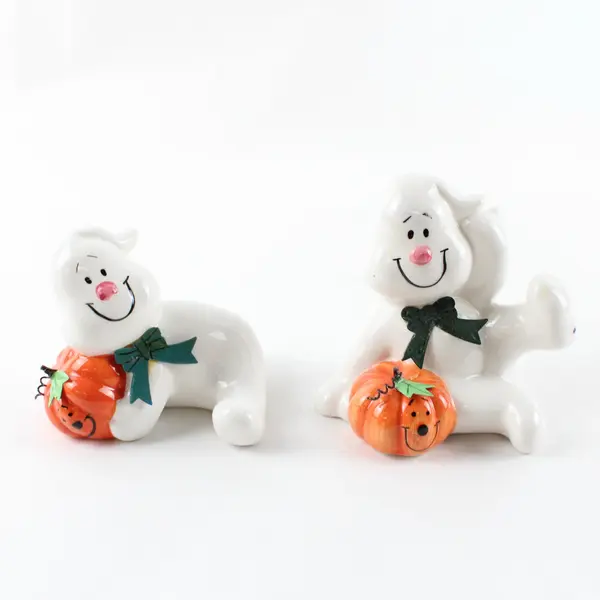 Lot of 2 Ceramic Ghost Figurines Halloween Decor White Unbranded