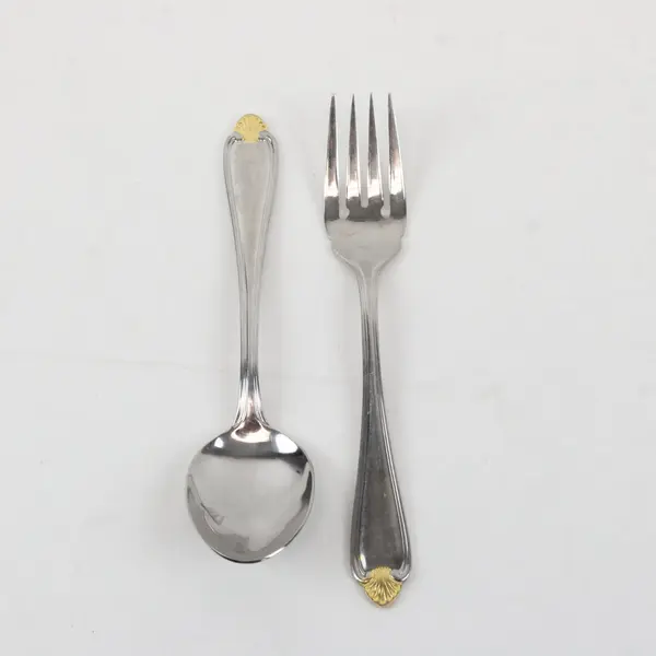 Set of 2 Pfaltzgraff Golden Biscayne Stainless Flatware (Salad Fork +Spoon)