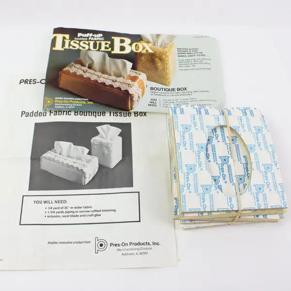 Vtg. Puff-Up Padded Fabric Tissue Box by Pres-On Products w/Instructions #TB-10