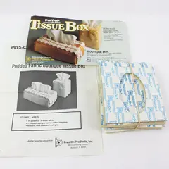 Vtg. Puff-Up Padded Fabric Tissue Box by Pres-On Products w/Instructions #TB-10