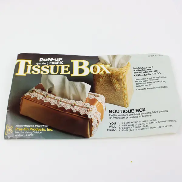 Vtg. Puff-Up Padded Fabric Tissue Box by Pres-On Products w/Instructions #TB-10