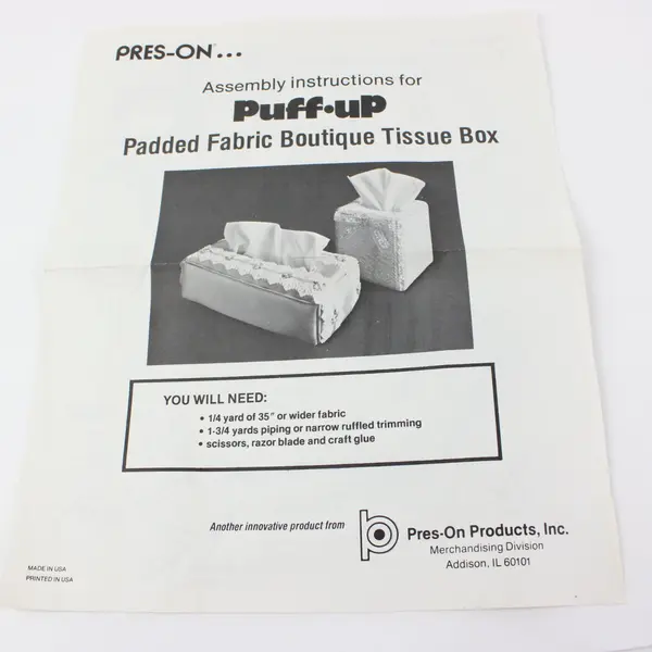 Vtg. Puff-Up Padded Fabric Tissue Box by Pres-On Products w/Instructions #TB-10