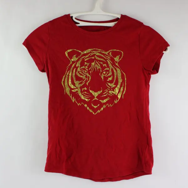 Wonder Nation Girls M 7-8 Red Gold Glitter Tiger Graphic Tee