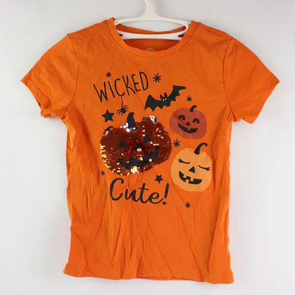 Wonder Nation Girls M 7-8 Wicked Cute Sequined Orange Halloween T-Shirt