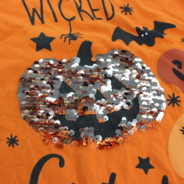 Wonder Nation Girls M 7-8 Wicked Cute Sequined Orange Halloween T-Shirt