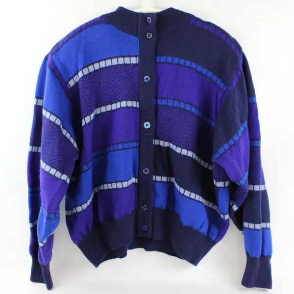 VTG Ciao Blue Purple Geometric Button-Front Cardigan Womens 16