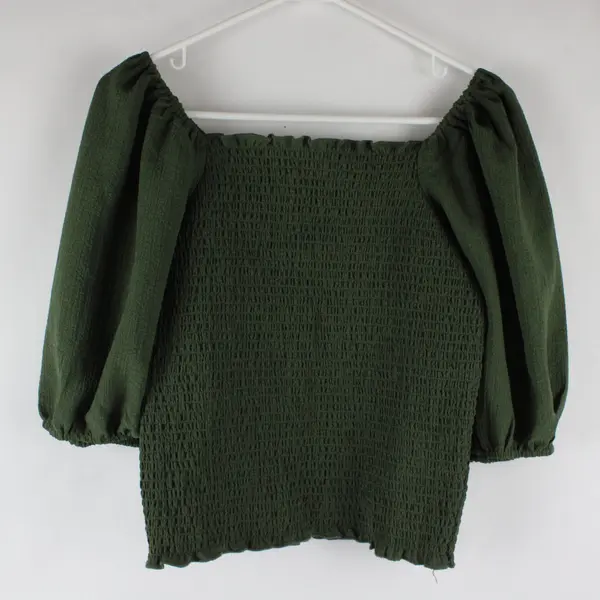 INC International Concepts Green Ruffle Puff Smocked Square Neck Long Sleeve M