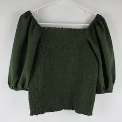 INC International Concepts Green Ruffle Puff Smocked Square Neck Long Sleeve M