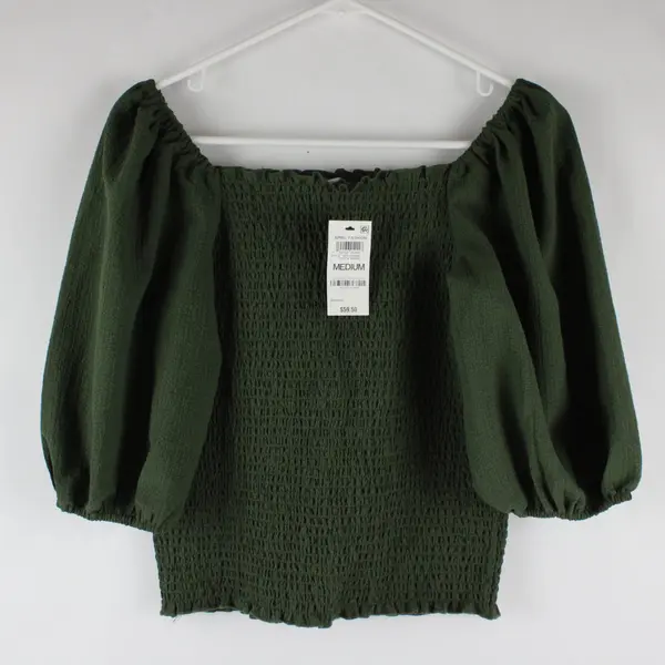 INC International Concepts Green Ruffle Puff Smocked Square Neck Long Sleeve M