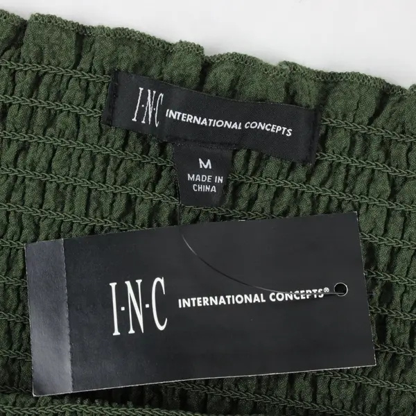 INC International Concepts Green Ruffle Puff Smocked Square Neck Long Sleeve M