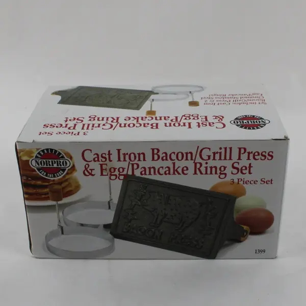 Norpro Cast Iron Bacon Grill Press Egg Pancake Ring Set #1399