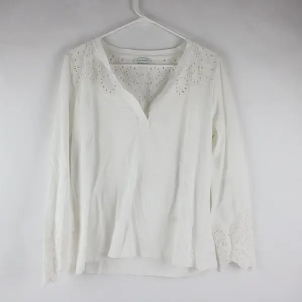 Sundance Women Medium Eyelet Lace Top White Long Sleeve Split V-Neck Boho Blouse
