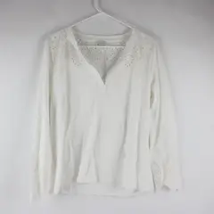 Sundance Women Medium Eyelet Lace Top White Long Sleeve Split V-Neck Boho Blouse
