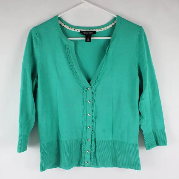 White House Black Market Green 3/4 Sleeve Snap Front V-Neck Cardigan Medium