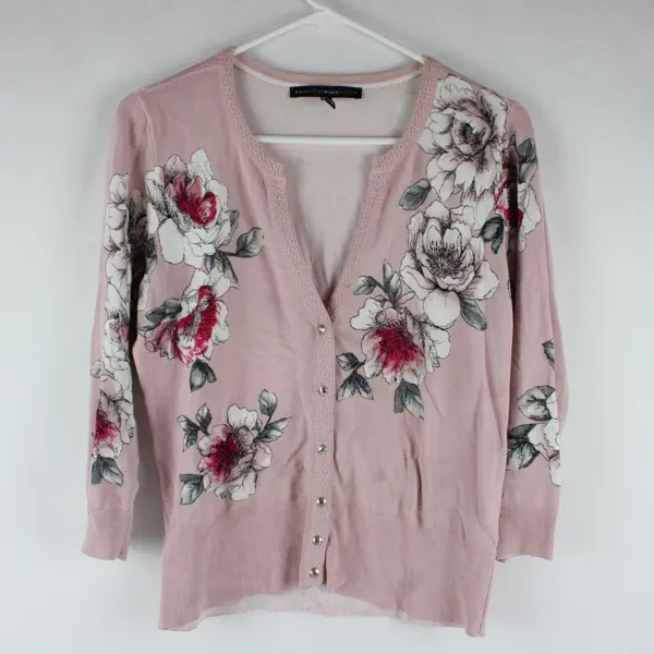 White House Black Market Floral Cardigan Light Pink Long Sleeve Snap V-Neck S
