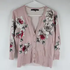 White House Black Market Floral Cardigan Light Pink Long Sleeve Snap V-Neck S