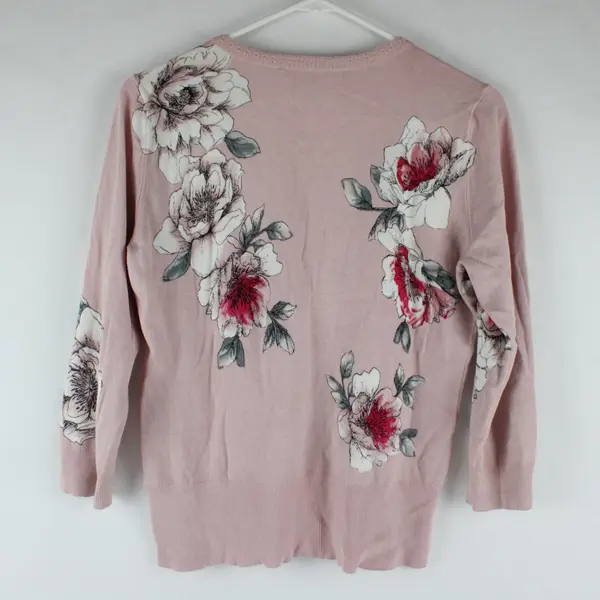 White House Black Market Floral Cardigan Light Pink Long Sleeve Snap V-Neck S