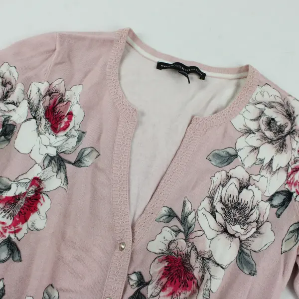White House Black Market Floral Cardigan Light Pink Long Sleeve Snap V-Neck S