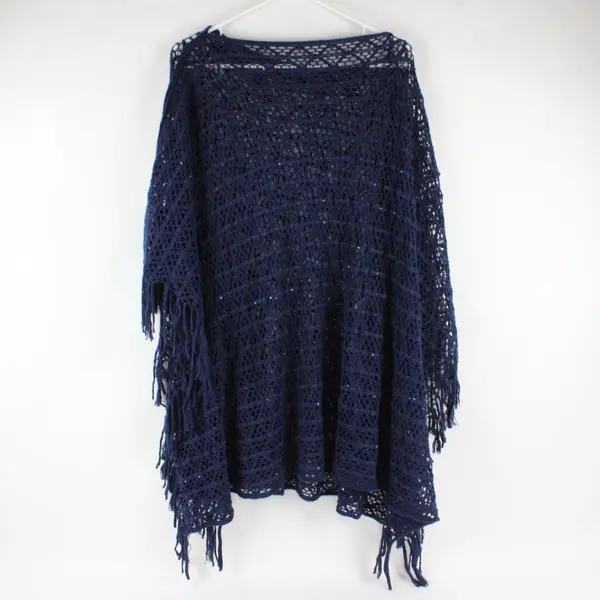 Fashion by Mirabeau Navy Blue Poncho Cape Knit With Sequins and Fringe OS