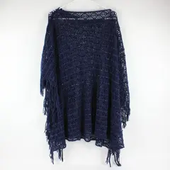 Fashion by Mirabeau Navy Blue Poncho Cape Knit With Sequins and Fringe OS