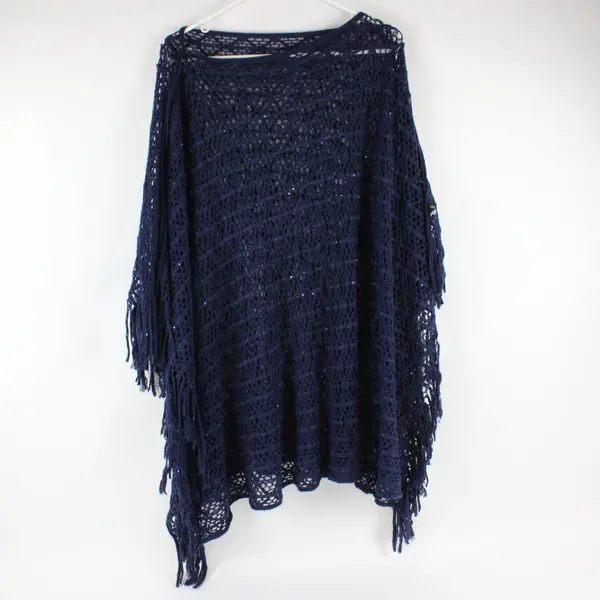 Fashion by Mirabeau Navy Blue Poncho Cape Knit With Sequins and Fringe OS