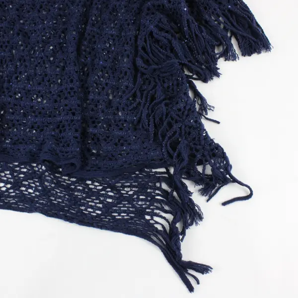 Fashion by Mirabeau Navy Blue Poncho Cape Knit With Sequins and Fringe OS
