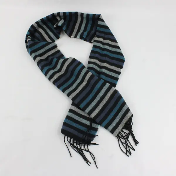 Black, White, Blue Striped Fringed Rectangle Scarf 54" x 11"