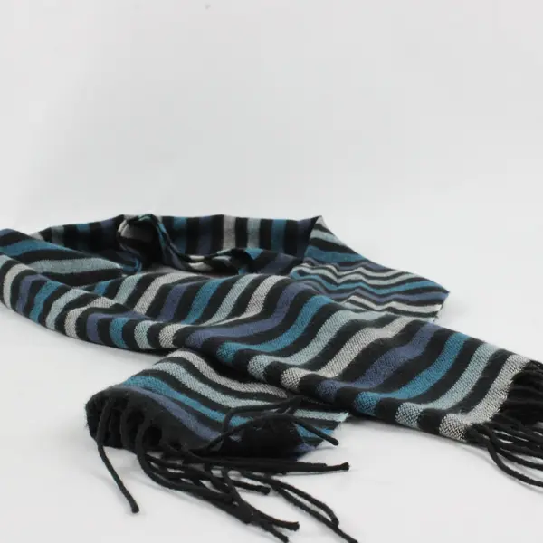 Black, White, Blue Striped Fringed Rectangle Scarf 54" x 11"