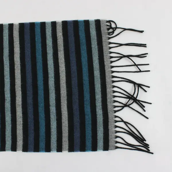 Black, White, Blue Striped Fringed Rectangle Scarf 54" x 11"