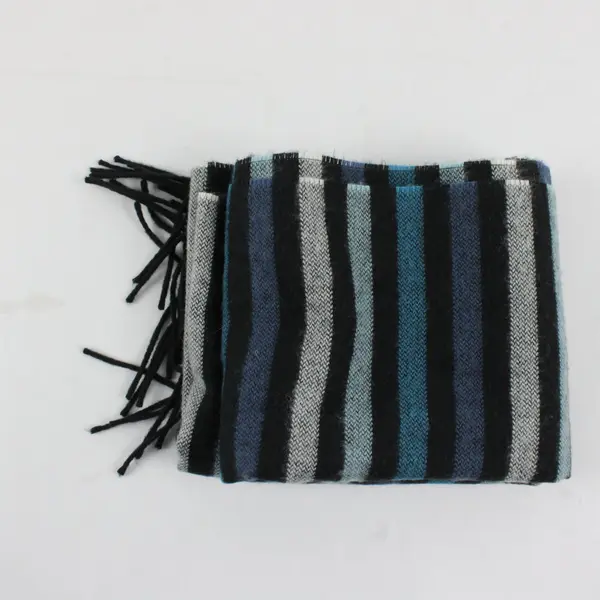 Black, White, Blue Striped Fringed Rectangle Scarf 54" x 11"