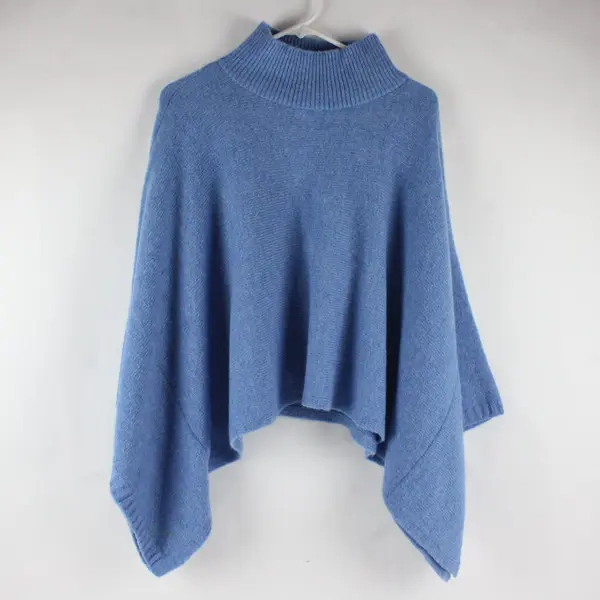 Mock Neck Blue Sweater Poncho Knitwear Casual Pullover Shawl Top Women OSFM
