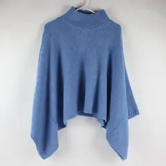 Mock Neck Blue Sweater Poncho Knitwear Casual Pullover Shawl Top Women OSFM
