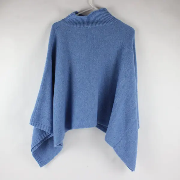 Mock Neck Blue Sweater Poncho Knitwear Casual Pullover Shawl Top Women OSFM