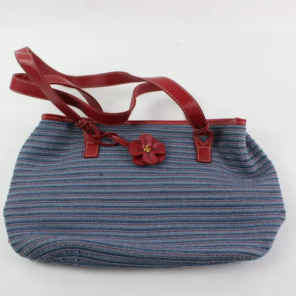 Liz Claiborne Red Blue Stitched Striped Shoulder Bag Blue Lining Flower Charm