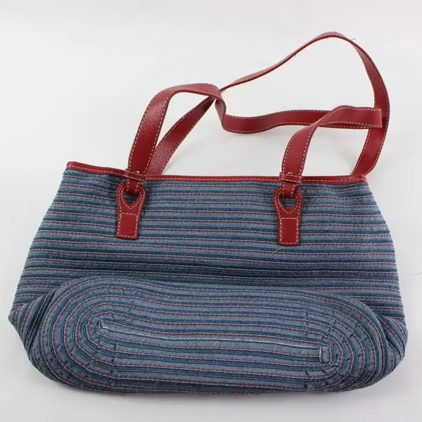 Liz Claiborne Red Blue Stitched Striped Shoulder Bag Blue Lining Flower Charm