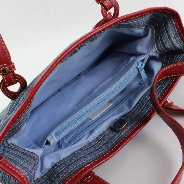 Liz Claiborne Red Blue Stitched Striped Shoulder Bag Blue Lining Flower Charm