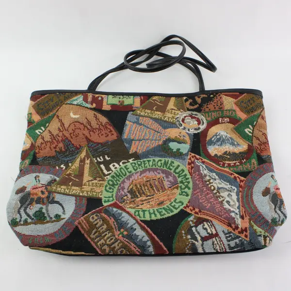 Accessory Works Woven Tapestry Tote Bag with All-Over Travel Collage Design