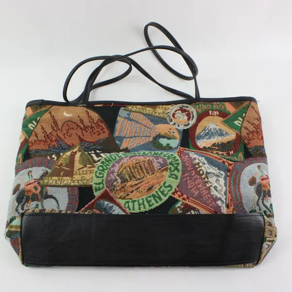 Accessory Works Woven Tapestry Tote Bag with All-Over Travel Collage Design