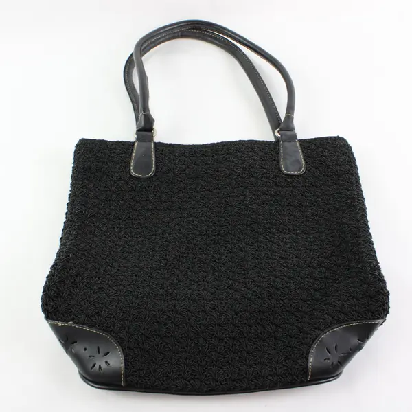 Unbranded Black Woven Straw-Look Crochet Shoulder Bag Floral Corner Accent Patch