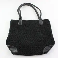 Unbranded Black Woven Straw-Look Crochet Shoulder Bag Floral Corner Accent Patch