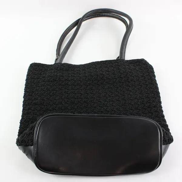Unbranded Black Woven Straw-Look Crochet Shoulder Bag Floral Corner Accent Patch