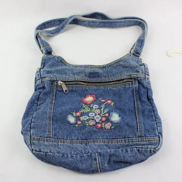 Unbranded Floral Embroidered Jean Shoulder Bag, Zip Closure, Pockets