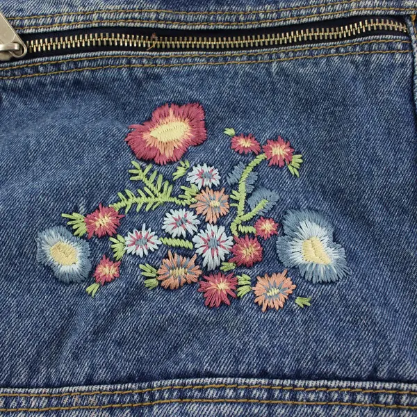 Unbranded Floral Embroidered Jean Shoulder Bag, Zip Closure, Pockets
