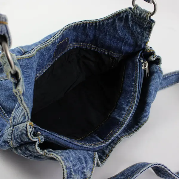 Unbranded Floral Embroidered Jean Shoulder Bag, Zip Closure, Pockets