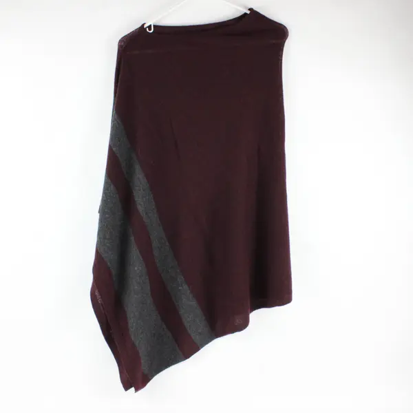 Celeste Womens Burgundy Gray Striped Wool Cashmere Sleeveless Poncho Cape OS