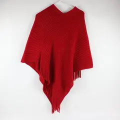 V. Fraas Fringe Warm Poncho Wrap Shawl Cape Red Knit Winter OS