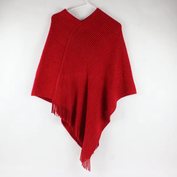 V. Fraas Fringe Warm Poncho Wrap Shawl Cape Red Knit Winter OS