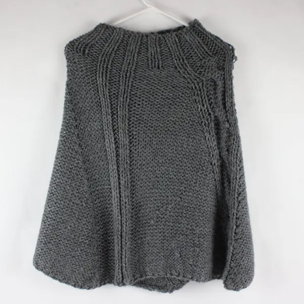 Mock Neck Gray Sweater Poncho Handmade Knit Casual Pullover Shawl Top Women OSFM