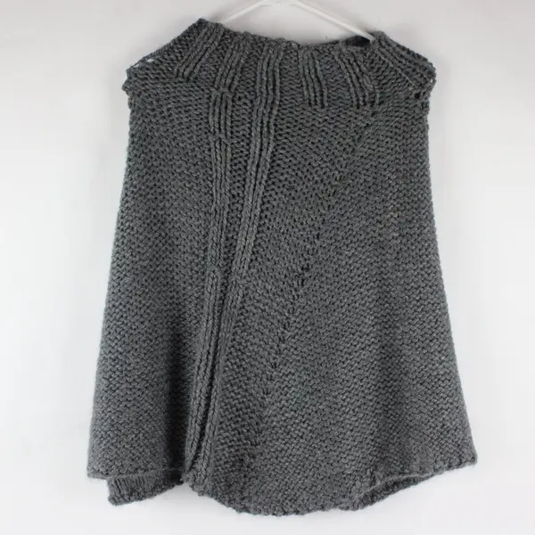 Mock Neck Gray Sweater Poncho Handmade Knit Casual Pullover Shawl Top Women OSFM