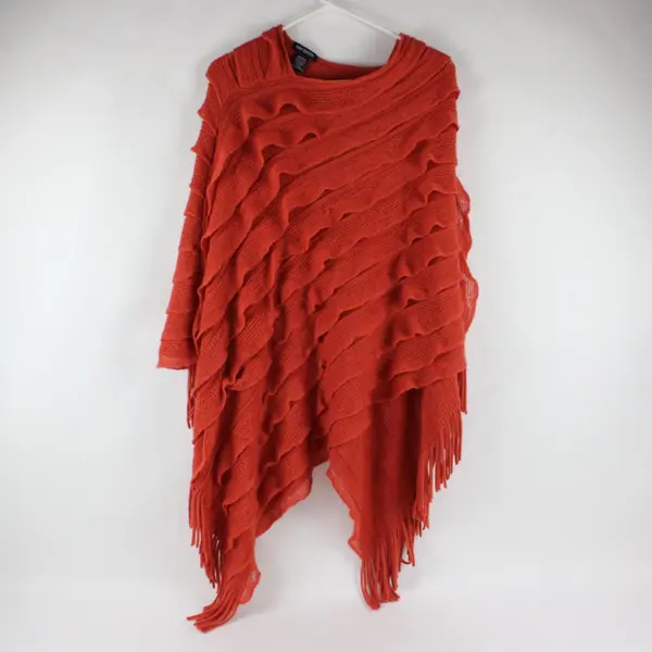 Max Edition 3705340 Orange Knit Ruffle Poncho Fringe Asymmetrical 2-Way One Size